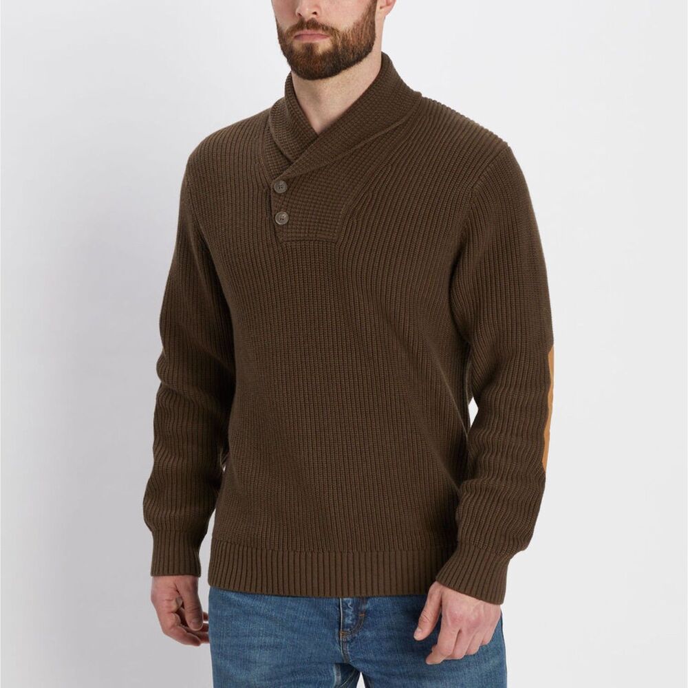 DULUTH TRADING CO Brigadier Shawl Collar Green Brown Knit Sweater Size XL